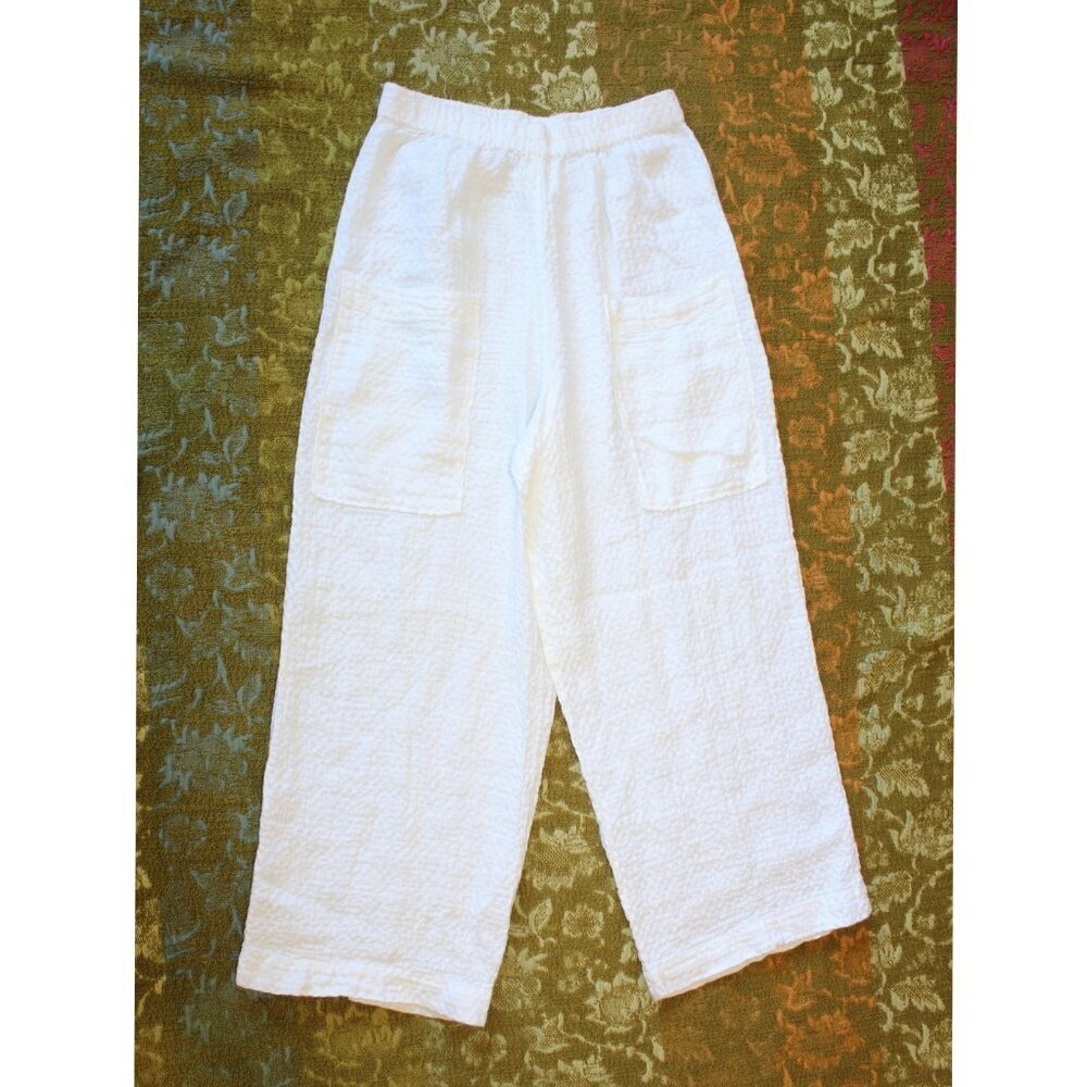 Grizas Textured Trousers Size M Wide Leg Pants Lagenlook Washed Linen pockets
